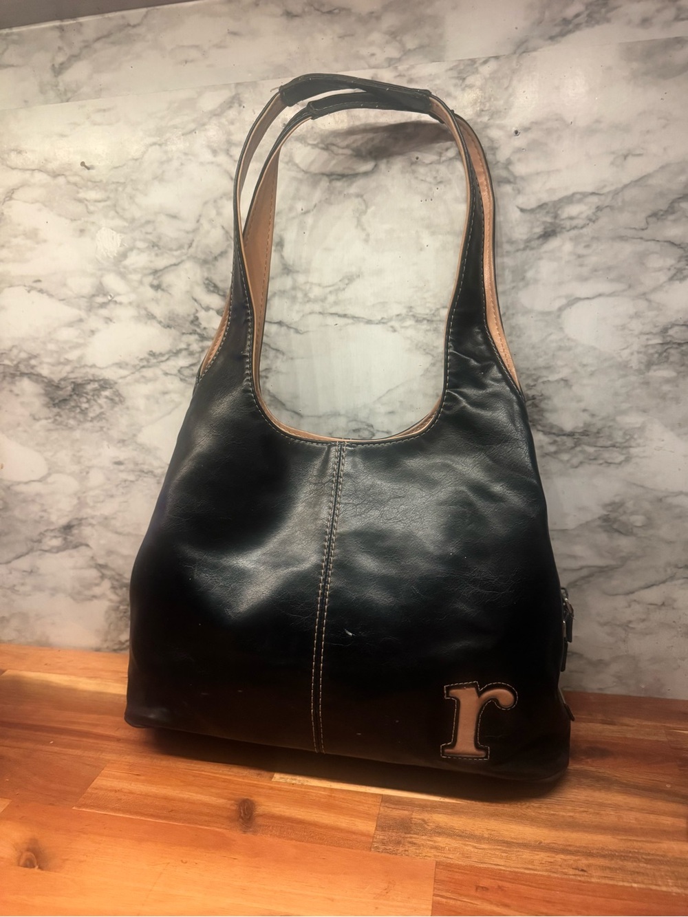 Nine West Y2K Black and Brown Leather Shoulder Hobo Bag “r” monogram